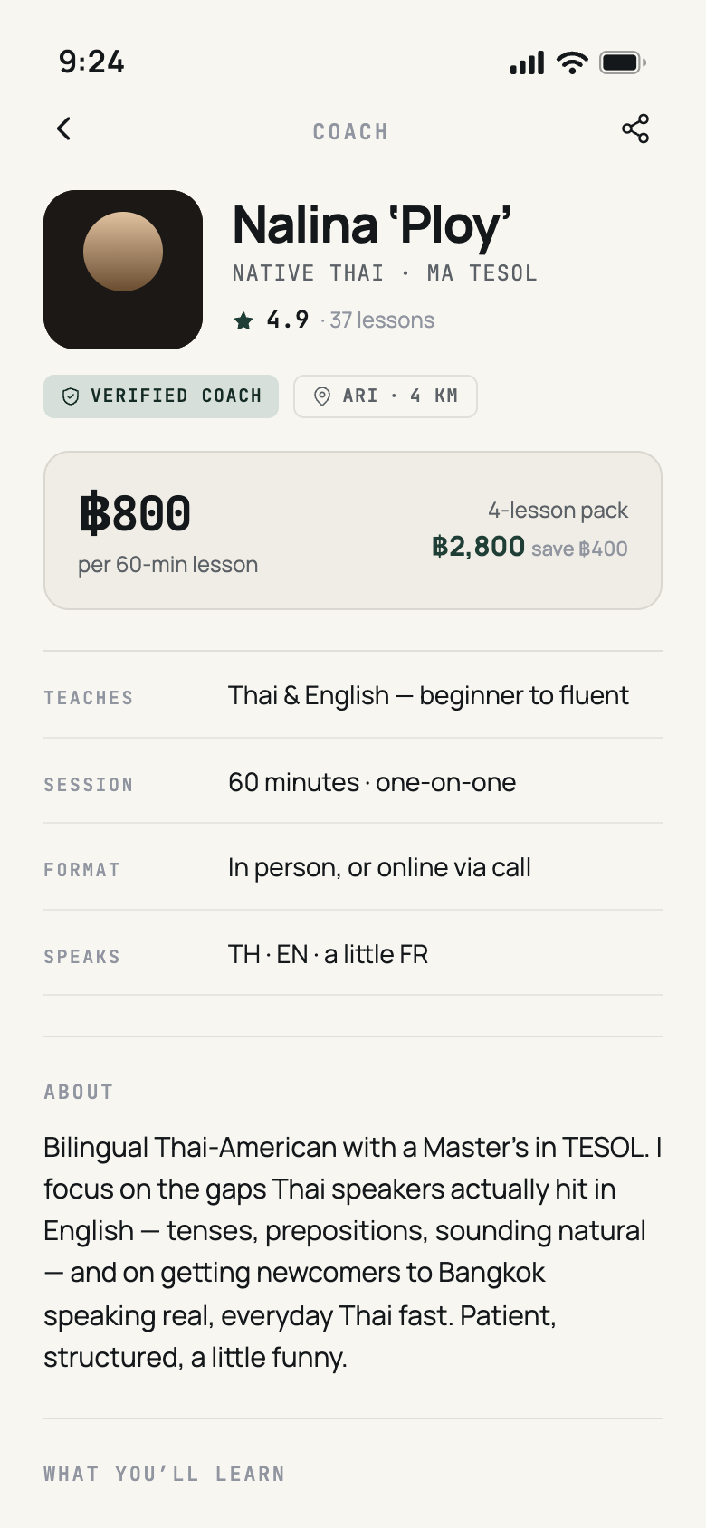 A coach profile with prices and availability