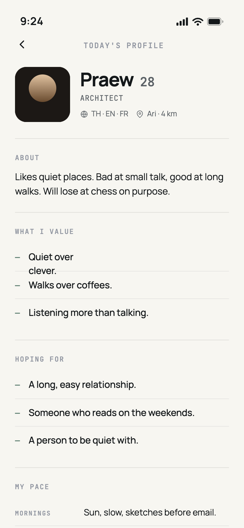 A dating profile on Raft