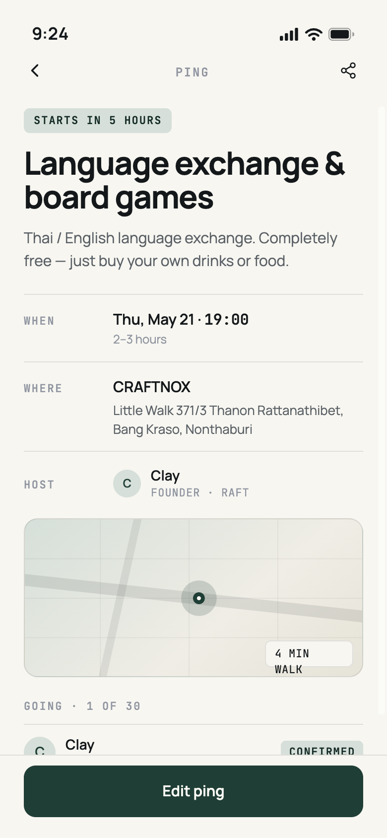 Raft: a ping with time, venue and who's coming
